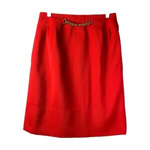 Celine Paris Pencil Skirt Womens Size 42 Red 100% Wool Gold Chain 8" Side Zip